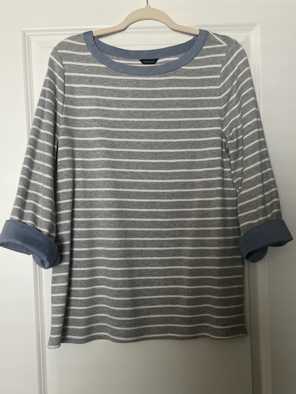 Nautica Light Blue Trim Gray and White Striped Top. Quarter Sleeve. XL